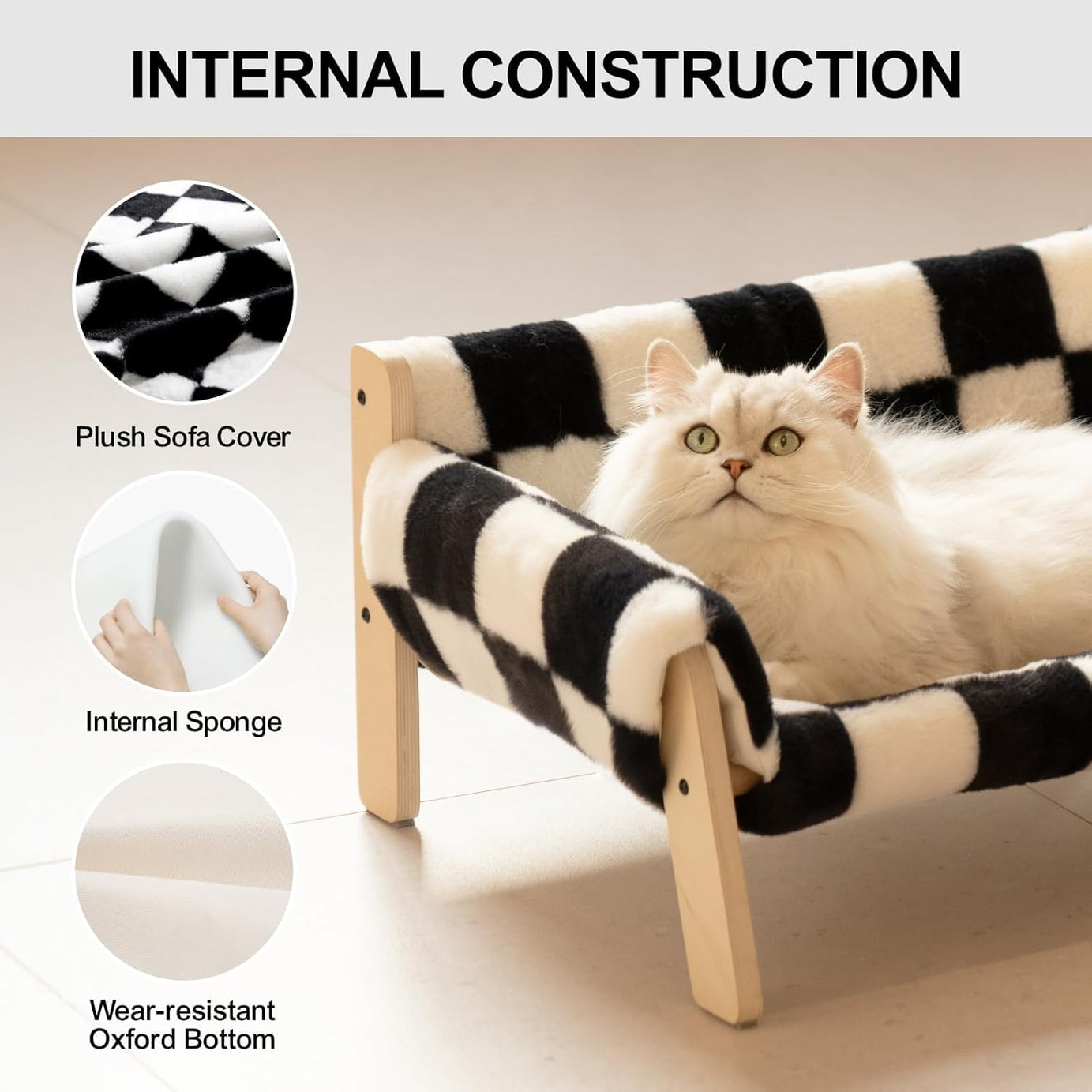 MEWOOFUN Raised Cat Bed With Wooden Legs - Sturdy Cat Sofa Holds 15kg, 56x45cm Soft Checkerboard Couch With Removable Washable Cover For Indoor Cats & Kittens