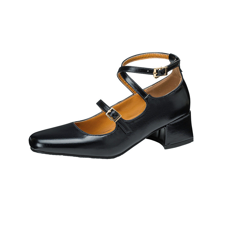British-style Square-toe Mid-heel Buckle-toe Women's Pumps