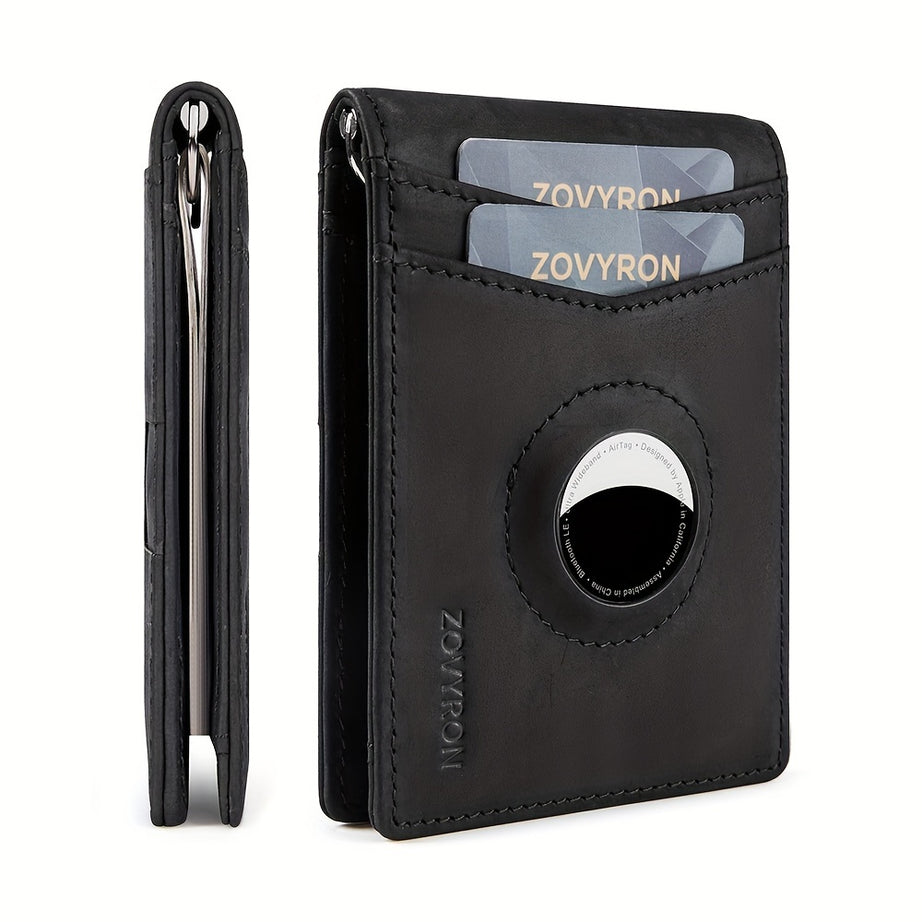 Mens Wallet Genuine Leather Slim Bifold Wallet With Airtag Holder, RFID Blocking, Front Pocket Wallet With Money Clip,ID Window Credit Card Holder