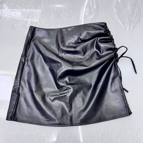 Women's Faux Leather Mini Skirt, Sexy Slim Side Slit Ruched Drawstring Bodycon Clubwear