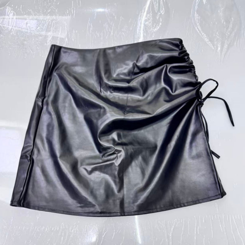 Women's Faux Leather Mini Skirt, Sexy Slim Side Slit Ruched Drawstring Bodycon Clubwear