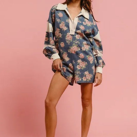 BiBi Washed Floral Denim Romper With Contrast Collar