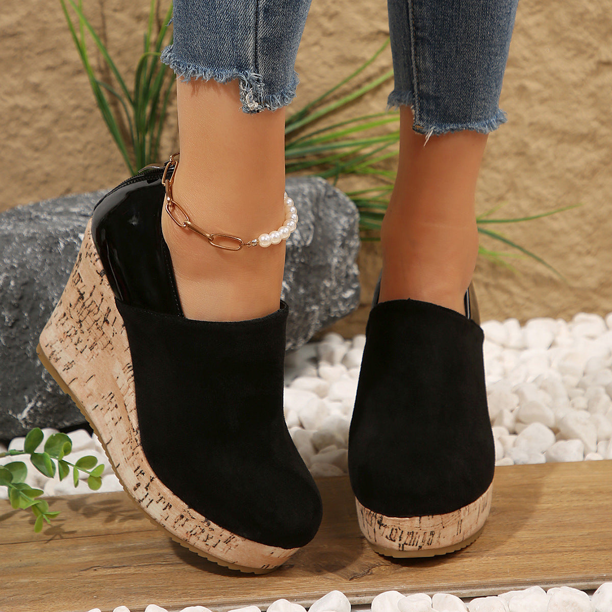 Women's Wedge Heels Spring 2025 New Arrival Suede And Leather Patchwork Design