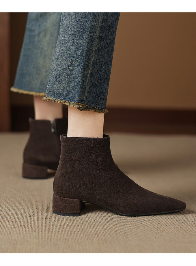 Low-heeled Cowhide Suede Women's Ankle Boots