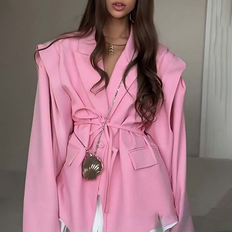 Women's Waist Tie Blazer - Elegant Business Casual Solid Color Jacket For Fall Winter Office
