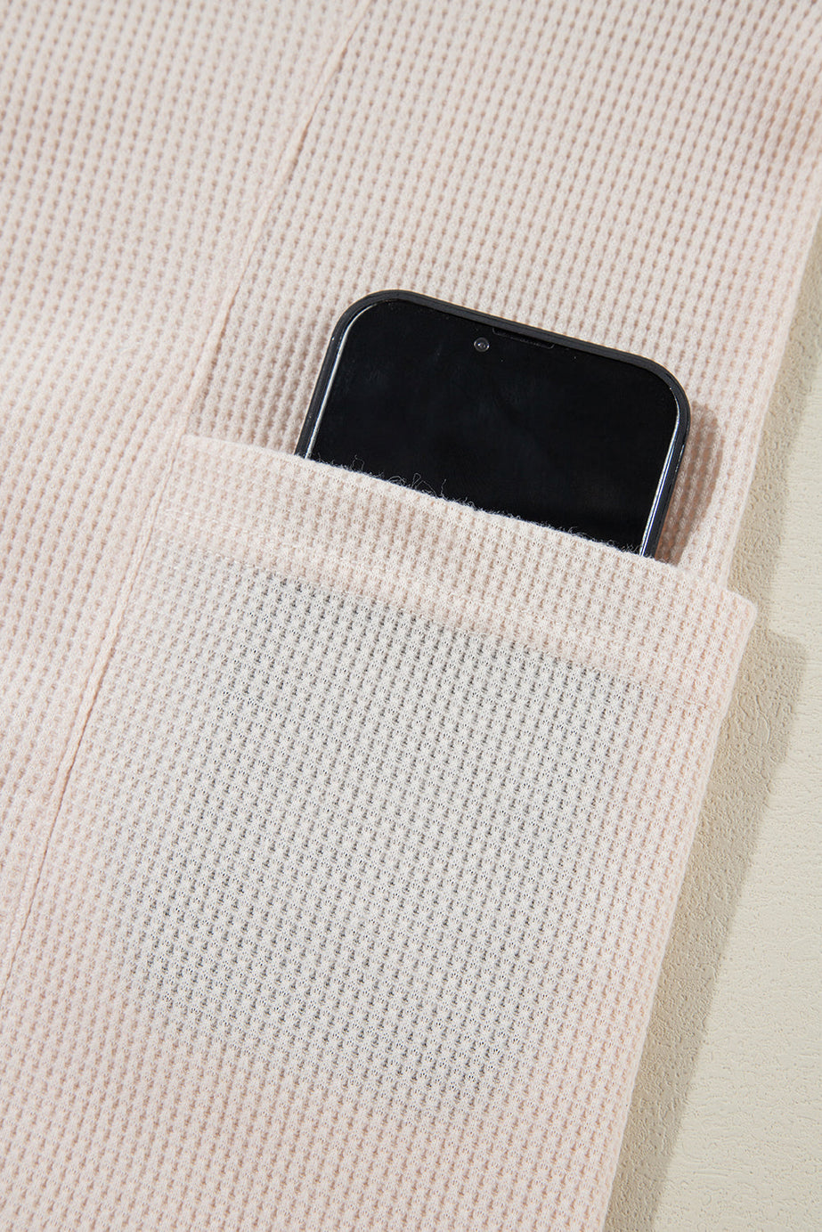 Pink Waffle Long Sleeve Collared Half Button Relaxed Fit Top