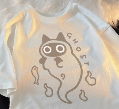 Loose-fit Pure-cotton Short-sleeve T-shirt With Cat Transparent Ghost Design