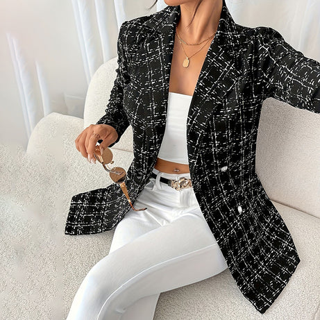 Elegant Women's Plaid Double-Breasted Blazer, Notch Lapel Long Sleeve Tweed Jacket For Office And Casual Wear