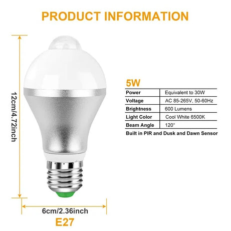 E27 Motion Sensor Light Bulb 9W 5W 6500K Dusk To Dawn