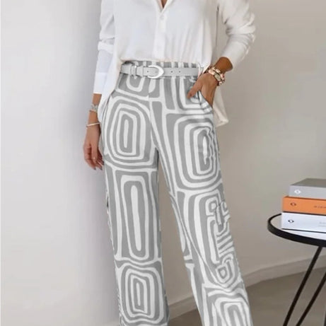 Women's Casual Long-sleeved Lapel Shirt Printed Wide-leg Pants Suit