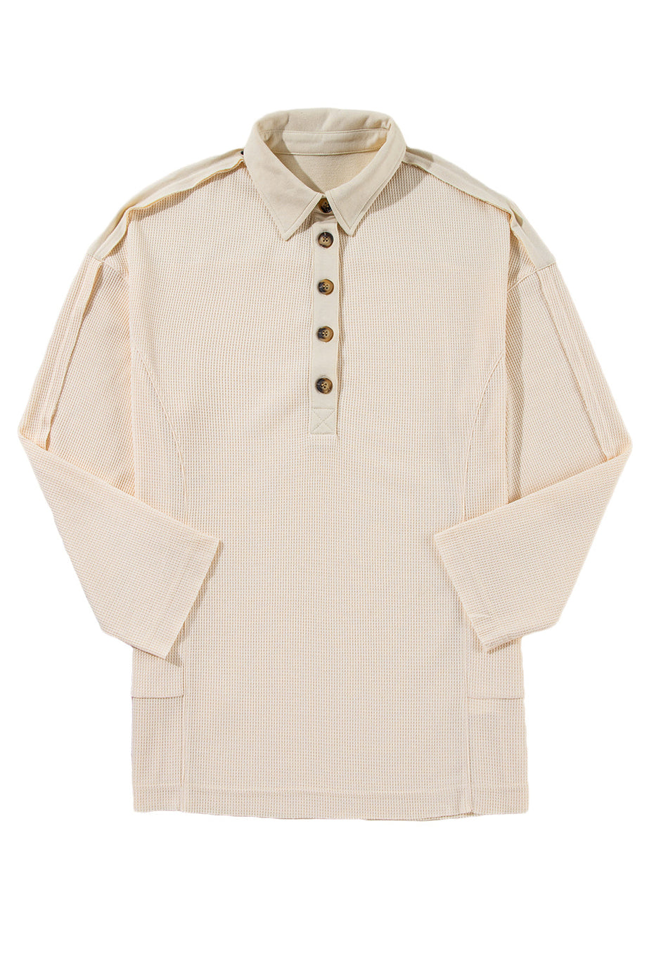 Pink Waffle Long Sleeve Collared Half Button Relaxed Fit Top