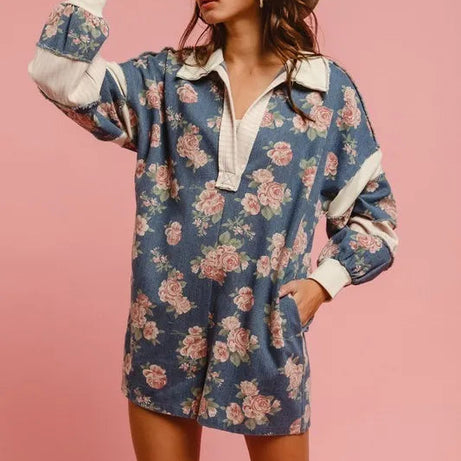 BiBi Washed Floral Denim Romper With Contrast Collar