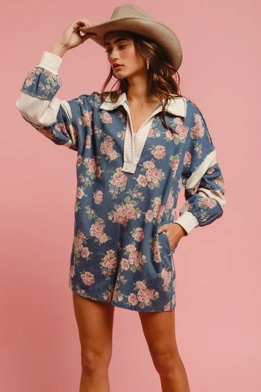 BiBi Washed Floral Denim Romper With Contrast Collar
