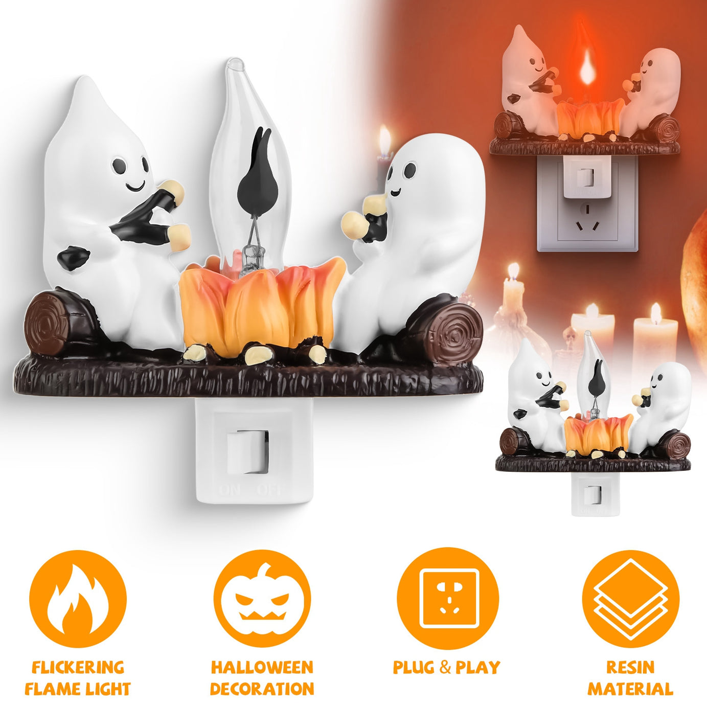 2Pcs Ghost Campfire Flickering Flame Night Light Indoor 3D Funny Halloween Nightlight Decoration Bedroom Night Light Halloween Decoration Gift For Friend Family