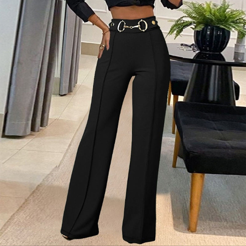 Women's High-Waisted Straight Leg Pants, Solid Color Tailored Trousers With Decorative Waist For Office Wear