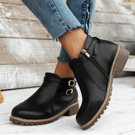 Low-heeled Leather Belt-buckle Plus-size Round-toe Ankle Boots