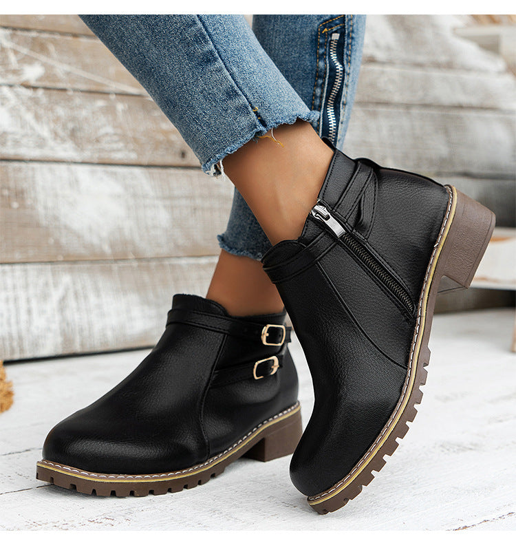 Low-heeled Leather Belt-buckle Plus-size Round-toe Ankle Boots