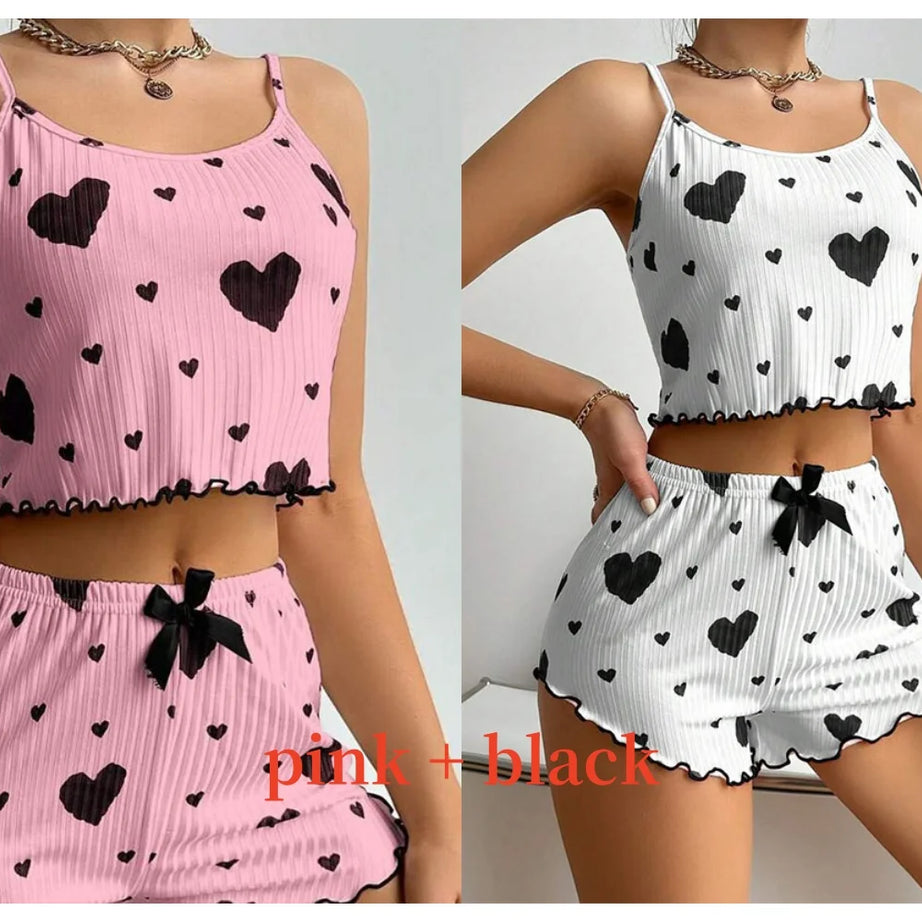 Women's Pajamas Set Sleepwear 2 PCS Short Tank Tops And Shorts S M L White Ventilate Soft Casual Love Printing