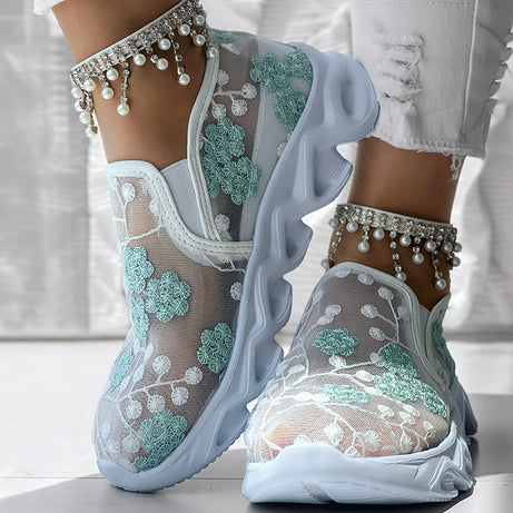 Contrast Glitter Transparent Mesh Patch Breathable Sneakers - Without Ankle Strap