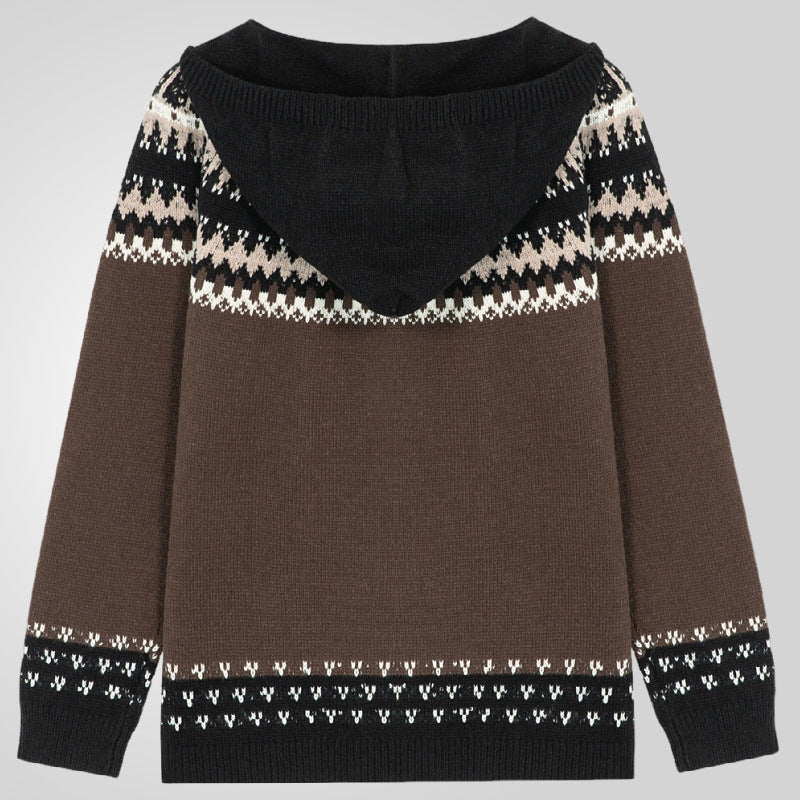 Men's Jacquard Knitted Hoodie With Long Sleeves And Zipper-front Cardigan Sweater