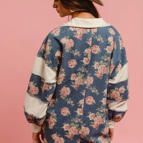BiBi Washed Floral Denim Romper With Contrast Collar