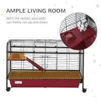 PawHut 41L Small Animal Cage, Pet Play House For Rabbit Hutch Ferret With Feeder, Rolling Wheels, Platform, Ramp