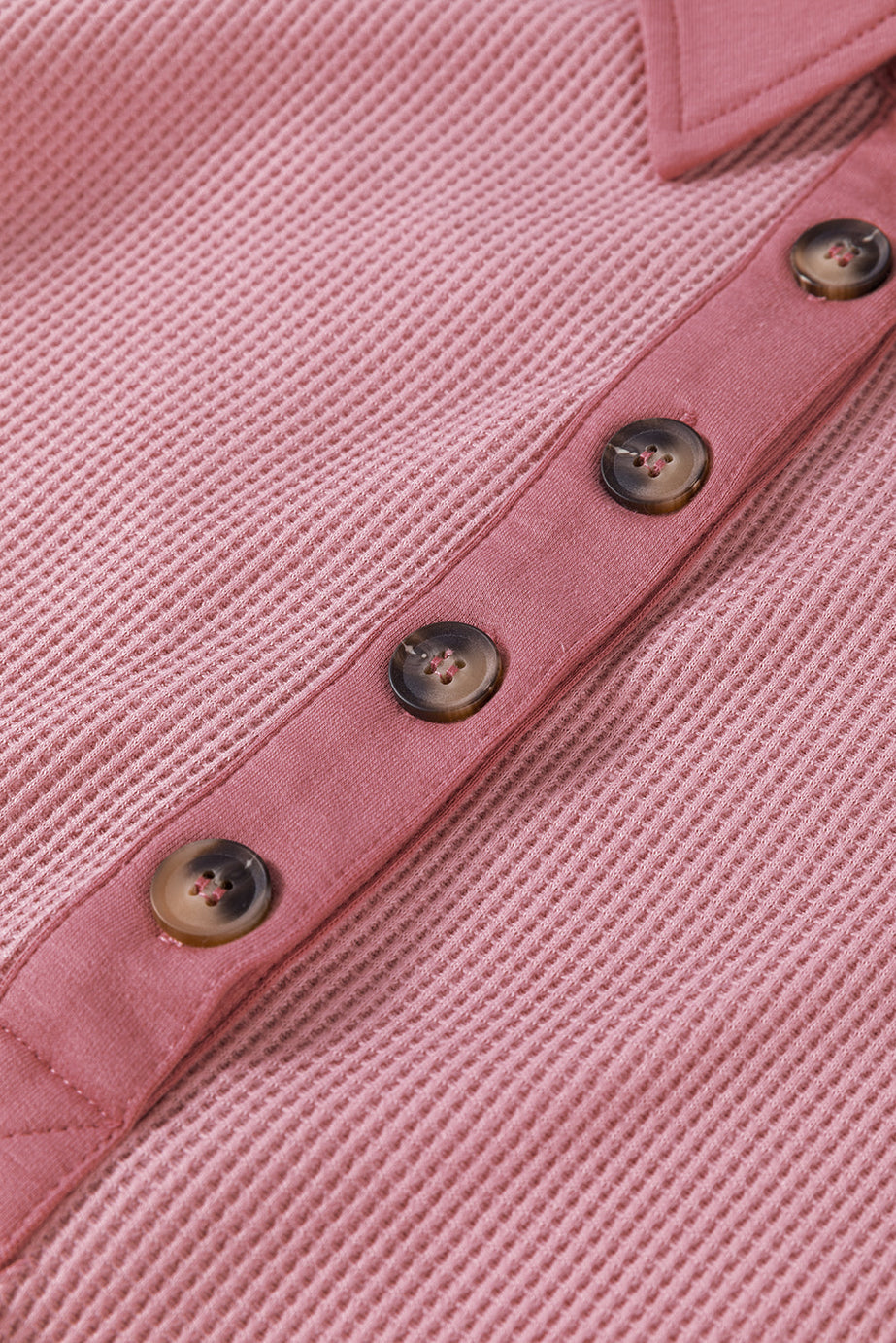 Pink Waffle Long Sleeve Collared Half Button Relaxed Fit Top