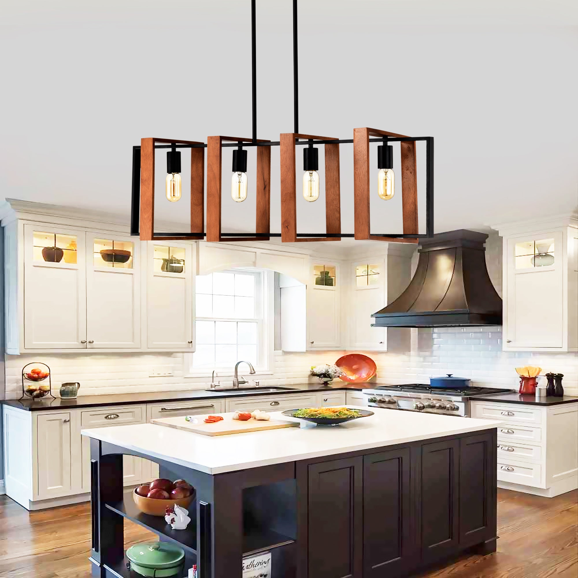 4-Light Kitchen Island Lights Pendant Light Farmhouse Dining Room Light Fixture, Rustic Wood And Black Metal Rectangular Chandelier, Hanging Lighting For Living Room,Conference Room, Home Office