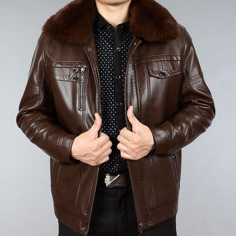 Mens Leather Jacket With Lapel And Fur Collar For Middle-Aged