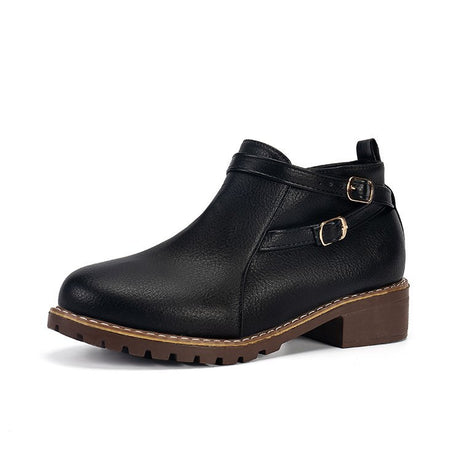 Low-heeled Leather Belt-buckle Plus-size Round-toe Ankle Boots
