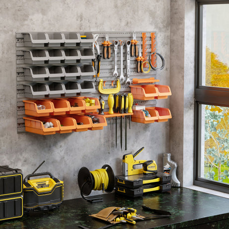 DURHAND 44 Piece Wall Mounted Pegboard Tool Organizer Rack Kit With Various Sized Storage Bins, Pegboard, & Hooks, Orange
