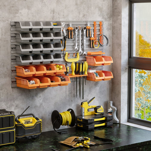 DURHAND 44 Piece Wall Mounted Pegboard Tool Organizer Rack Kit With Various Sized Storage Bins, Pegboard, & Hooks, Orange