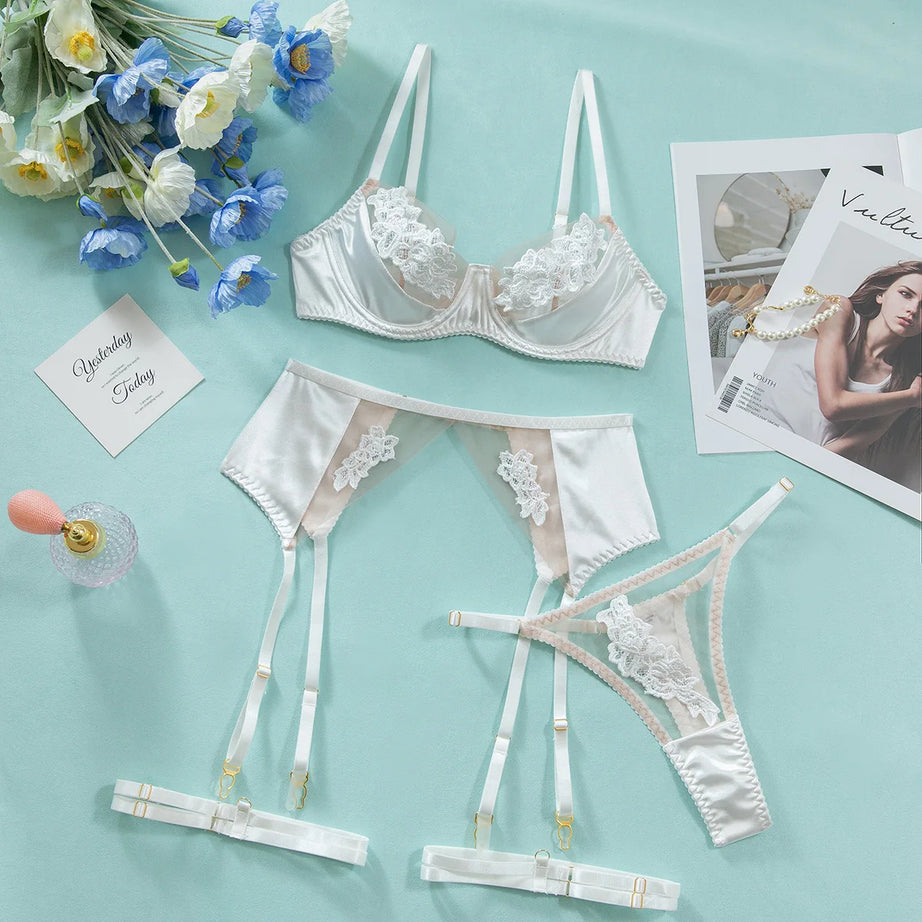 French Style Sexy Three-Point See-Through Lingerie Mesh Embroidery Patchwork Push-Up Bra Thong Four-Piece Set