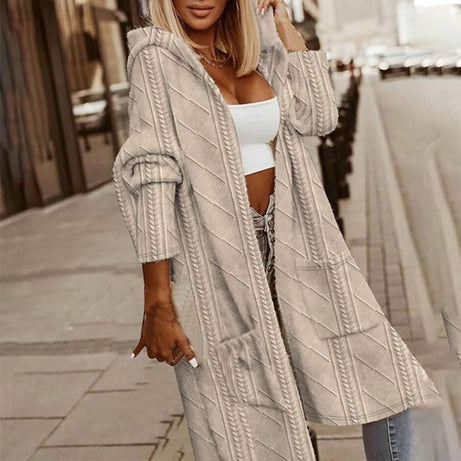 Women's Textured Hooded Longline Jacket, Solid Color Casual Oversized Top With Pockets For Fall & Winter
