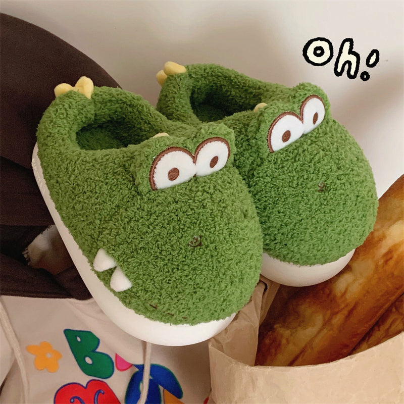 Fuzzy Slippers Warm Indoor Postpartum Cotton Shoes For Women Cute Winter Dinosaur Design