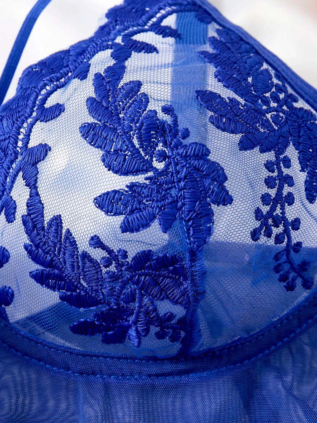 Ladies' blue countryside style wheat ear embroidery semi transparent nightgown, elegant and comfortable, bow design ZA825066