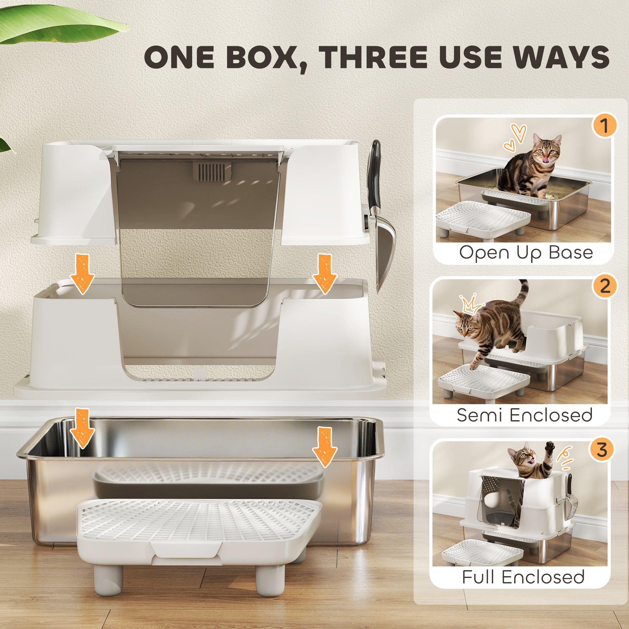 XL Stainless Steel Litter Box W  Flip Top, Scoop, Step, Top & Side Entry Enclosed Litter Box For Big Cats