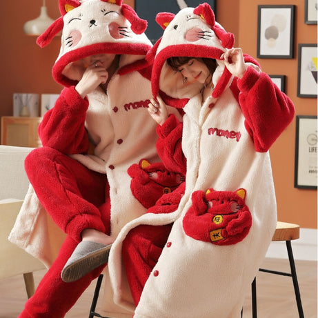 Autumn And Winter Parent-child Coral Velvet Pajamas Family Of Three Children Large Size Thickened Robe Nightgown