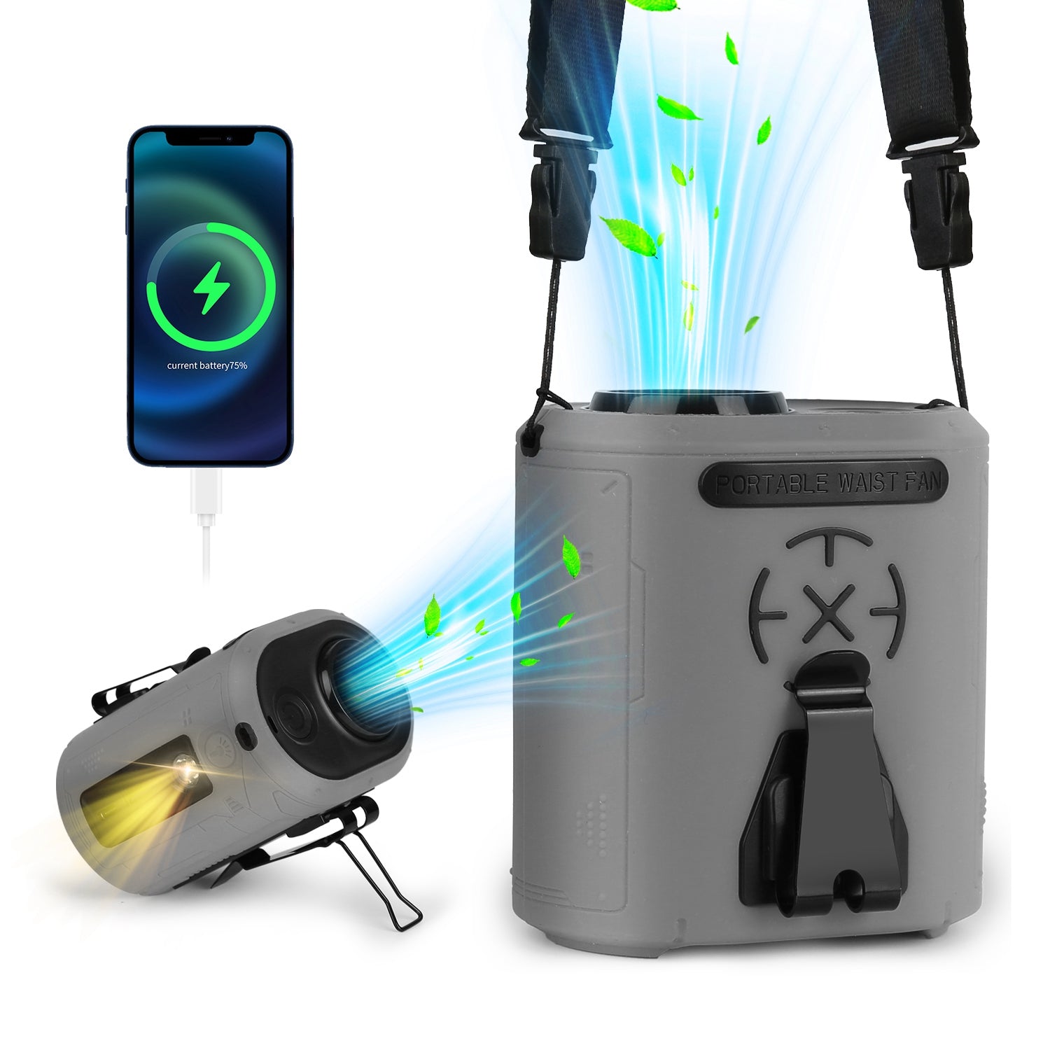 1Pc 5 In 1 Portable Waist Clip Fan With 5 Speeds Flashlight 1WmAh Battery Operated Personal Wearable Turbo Belt Fan Hands-Free Neck Fan For Camping Travel Job Site