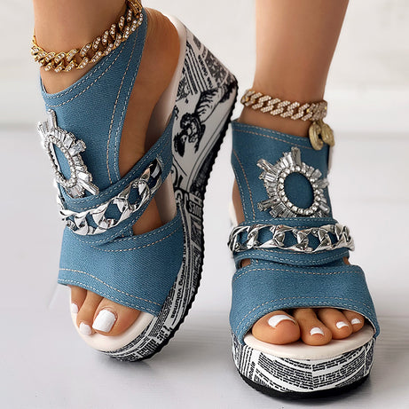 Newspaper Buckle Denim Wedge Slides - Anklet Not Included