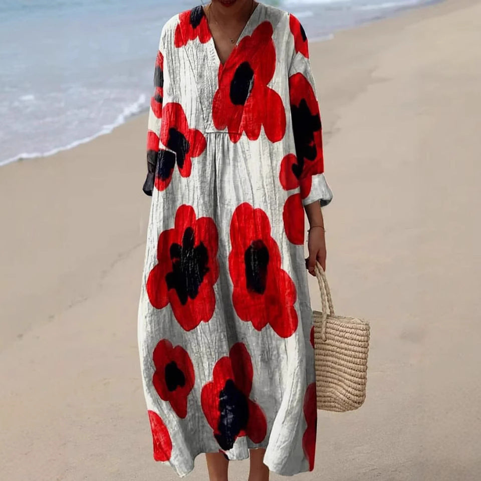 Women's Casual Floral Print Long-Sleeve Shirt Dress