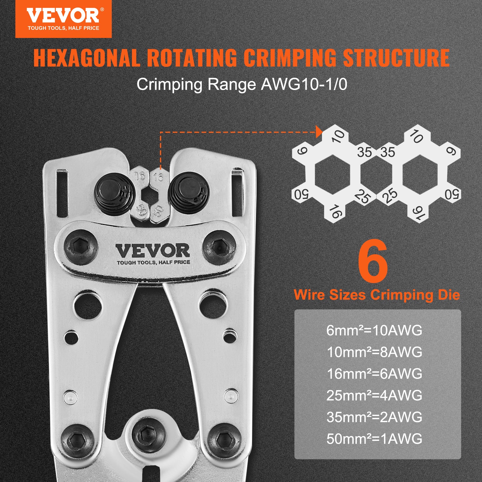 VEVOR Crimping Tool, AWG Copper And Aluminum Terminal Battery Lug Crimper, 6 Wire Sizes Crimping Die, With A Cutting Pliers, Gloves, 95pcs Copper Ring Connectors, And 100pcs Heat Shrink Tubes