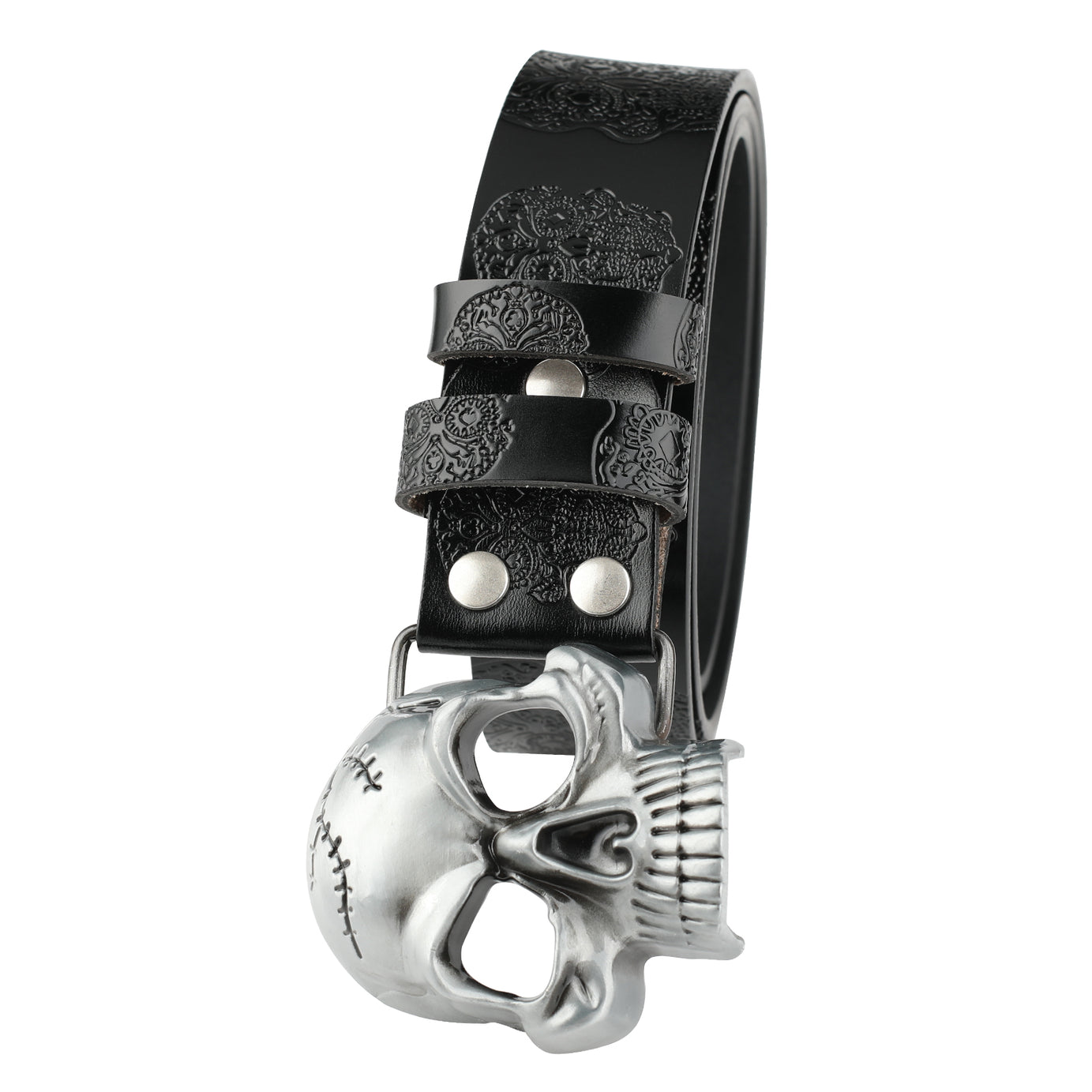 Leather Belt With Embossed Ghost Head Design And Smooth Skull Buckle