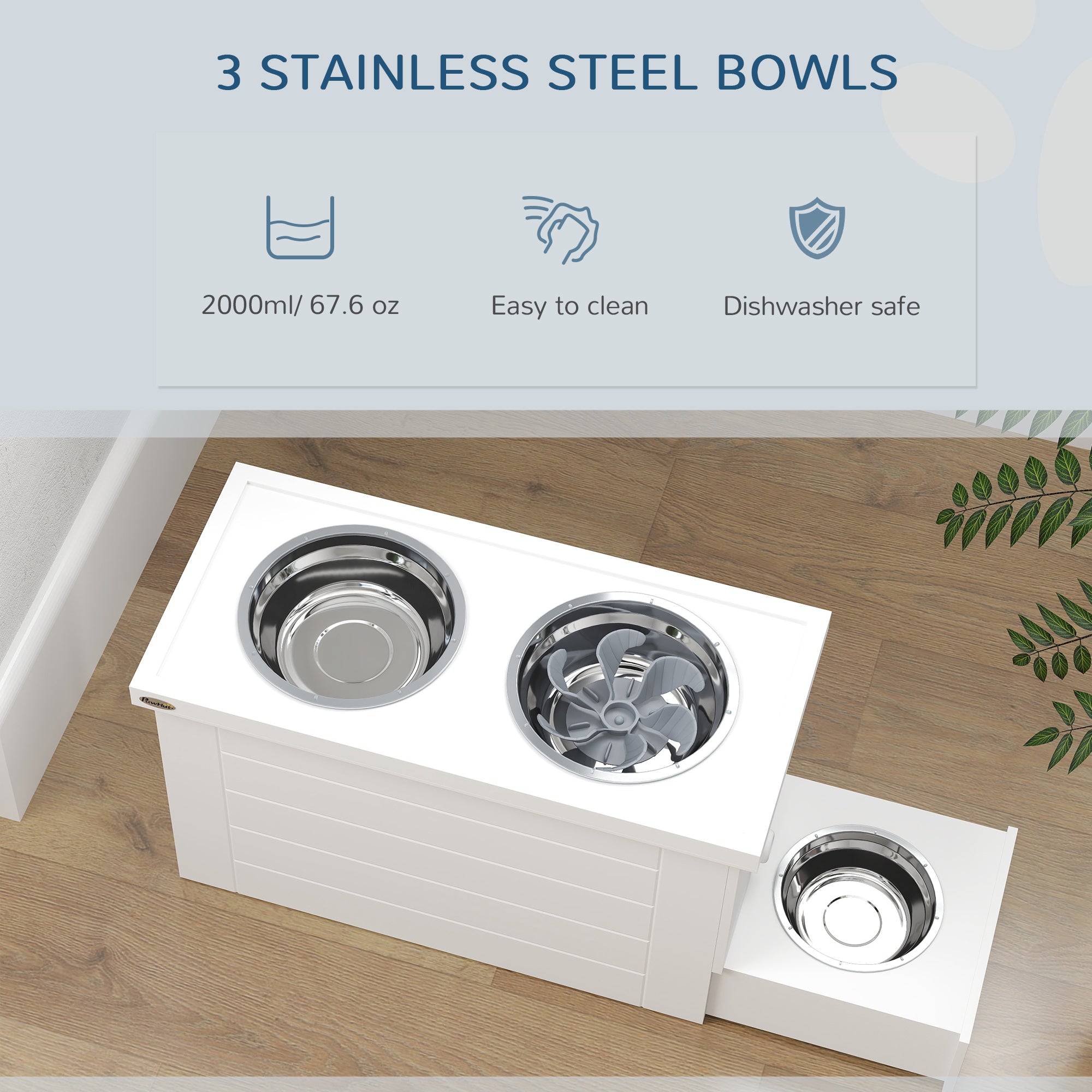 Elevated Dog Bowls with Slow Feeder Mat, Storage Cabinet, 3 Stainless Steel Bowls for Large & Extra Large Dogs, White