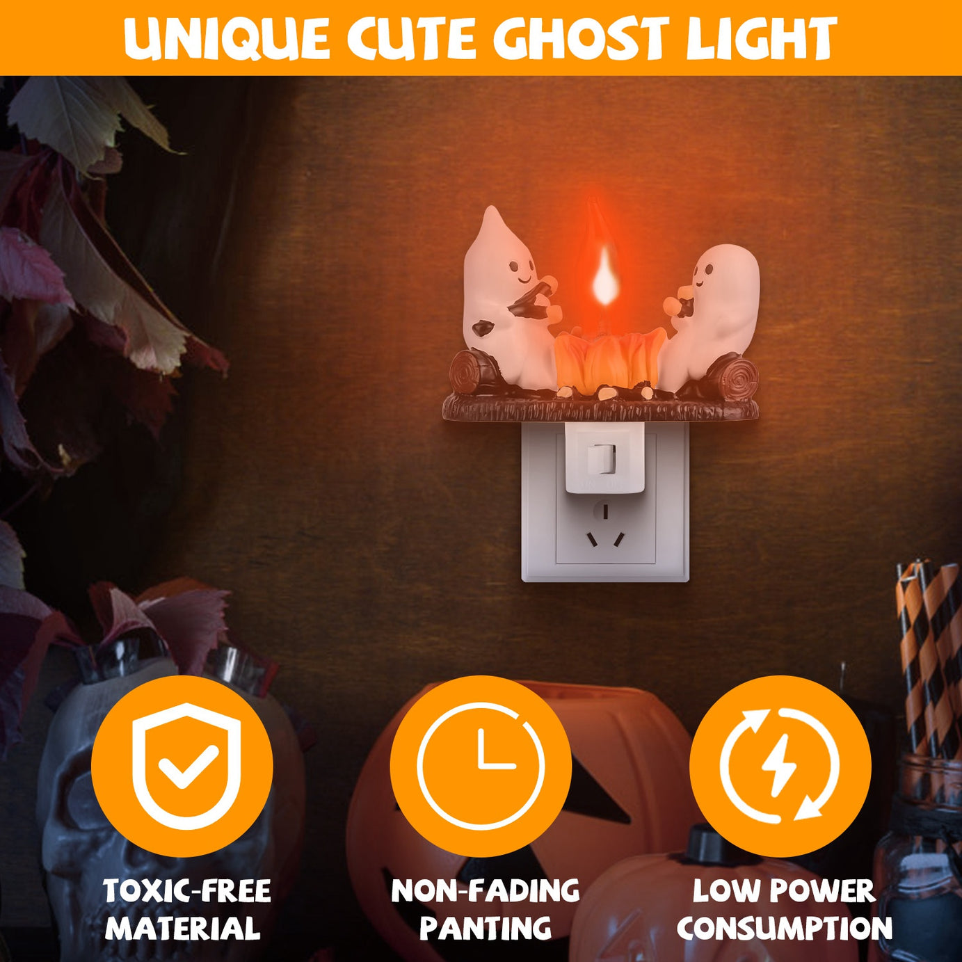 2Pcs Ghost Campfire Flickering Flame Night Light Indoor 3D Funny Halloween Nightlight Decoration Bedroom Night Light Halloween Decoration Gift For Friend Family