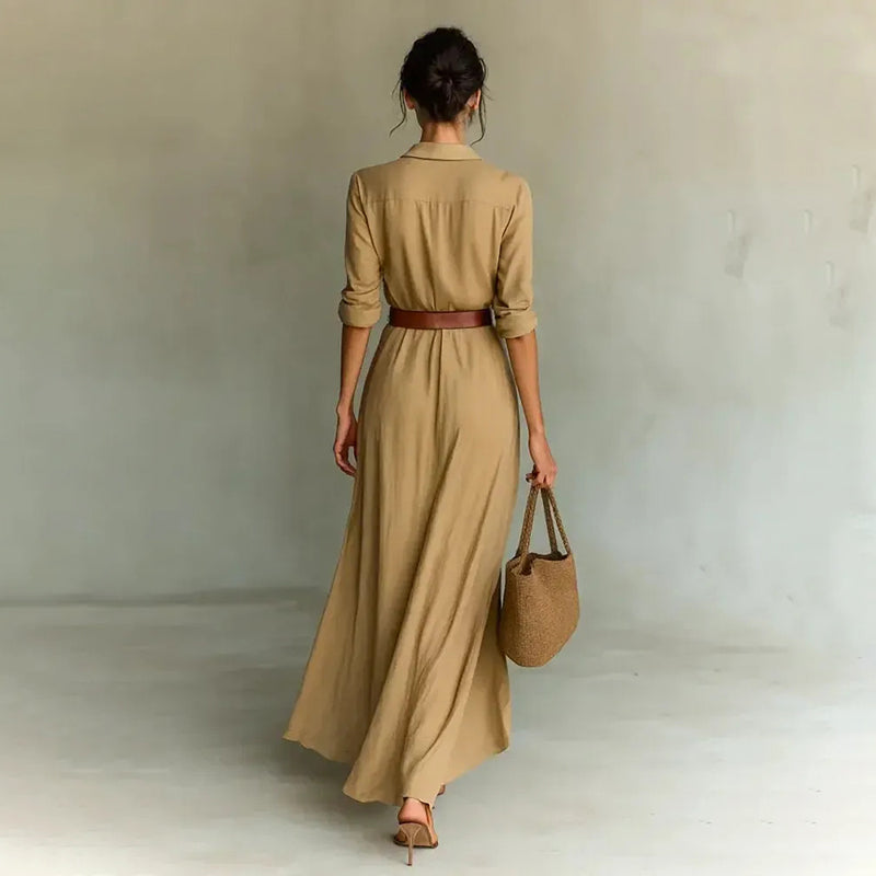 Women Long Sleeve Ruched Elegant Maxi Dress Button Down Shirt Long Dress With Belts