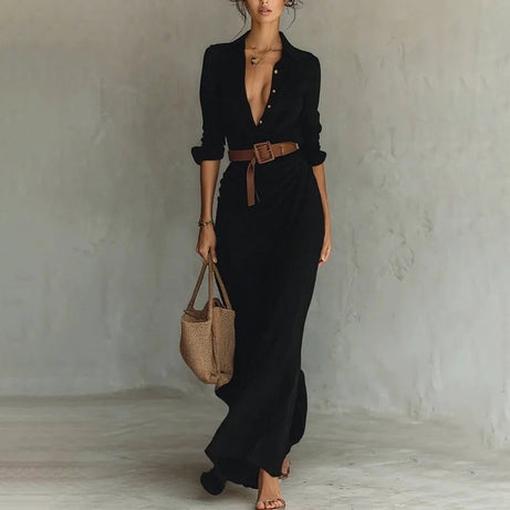 Women Long Sleeve Ruched Elegant Maxi Dress Button Down Shirt Long Dress With Belts