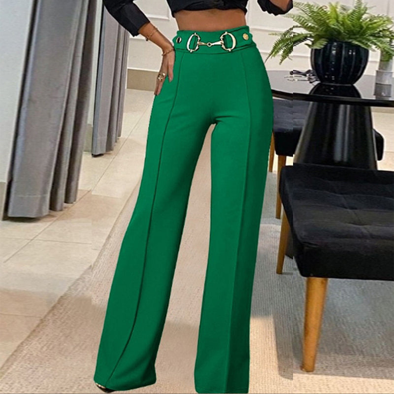 Women's High-Waisted Straight Leg Pants, Solid Color Tailored Trousers With Decorative Waist For Office Wear