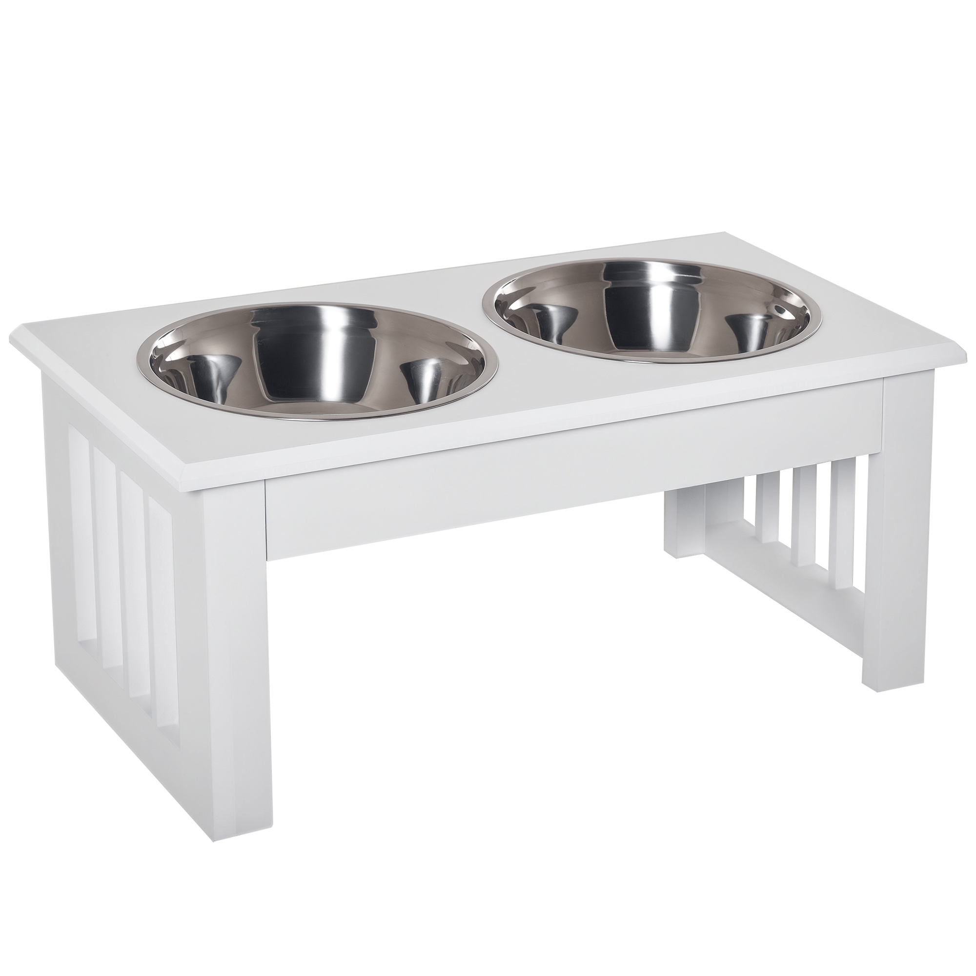 6" Height Small Puppy Dog Feeding Station for Messy Pets, Stainless Steel Elevated Dog Bowls with Modern Wooden Frame, Dog Food Stand Pet Feeding Station, White