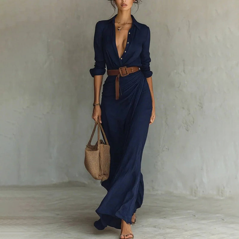 Women Long Sleeve Ruched Elegant Maxi Dress Button Down Shirt Long Dress With Belts